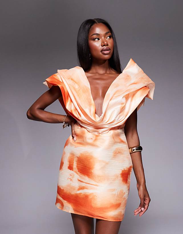 asos ASOS DESIGN structured plunge mini dress in orange abstract print