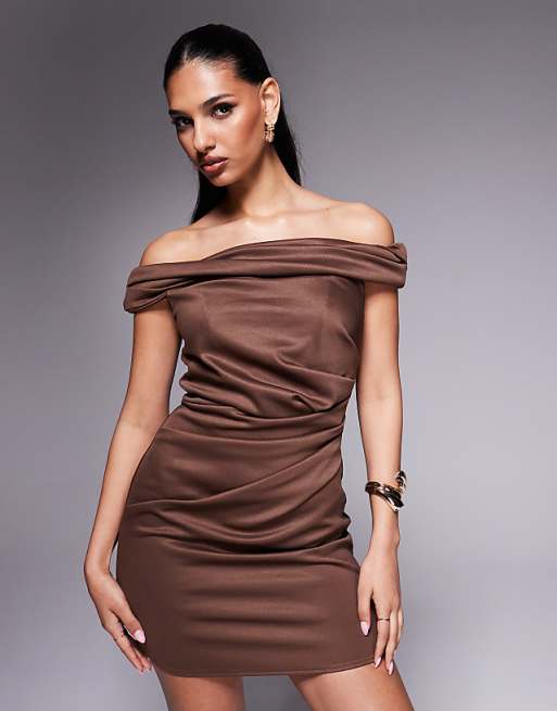 Asos ASOS DESIGN Structured Twist Bardot Bodycon Mini Dress In Brown