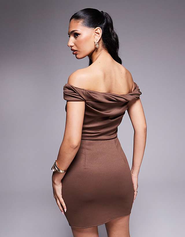 Asos ASOS DESIGN Structured Twist Bardot Bodycon Mini Dress In Brown