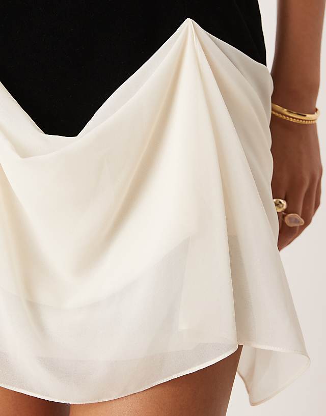 Asos ASOS DESIGN Structured Velvet Mini Dress With Contrast Draped Chiffon Skirt In Black