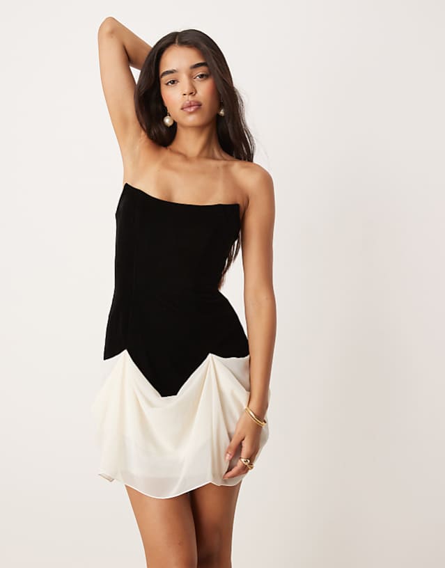 asos ASOS DESIGN structured velvet mini dress with contrast draped chiffon skirt in black