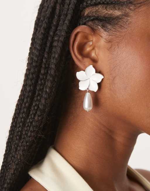 Asos ASOS DESIGN Stud Floral Earrings With Faux Pearl Drop In White