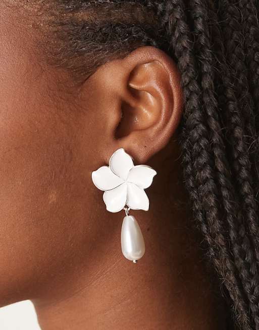asos ASOS DESIGN stud floral earrings with faux pearl drop in white