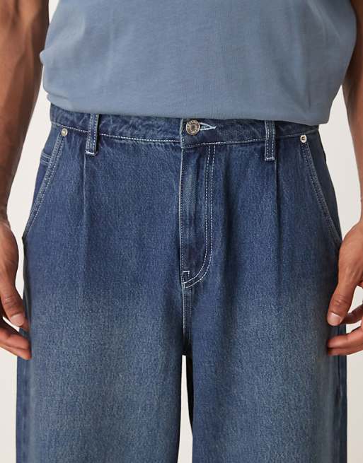 Asos ASOS DESIGN Super Baggy Jeans With Pleat Details In Indigo Wash