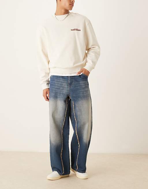 asos ASOS DESIGN super baggy jeans with raw edge in washed indigo