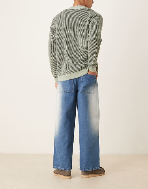 Asos ASOS DESIGN Super Baggy With Extreme Side Blasting In Mid Blue Wash