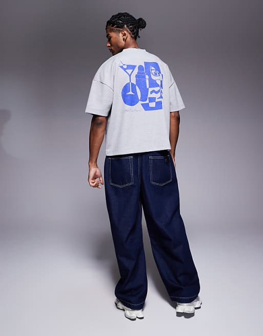 Asos ASOS DESIGN Super Heavyweight Boxy Oversized T-shirt With Dropped Shoulder Ingrey Marl With Drinks Graphic