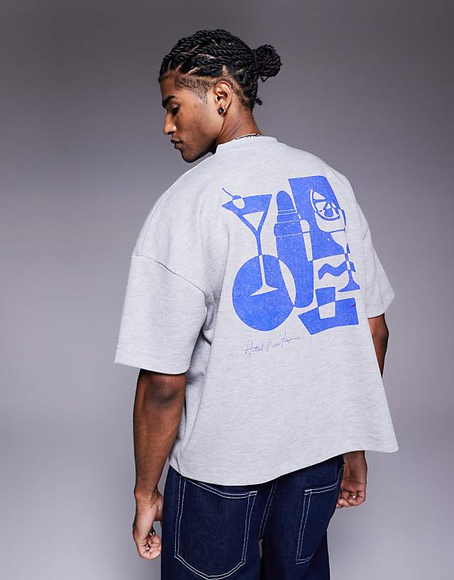 asos ASOS DESIGN super heavyweight boxy oversized t-shirt with dropped shoulder ingrey marl with drinks graphic
