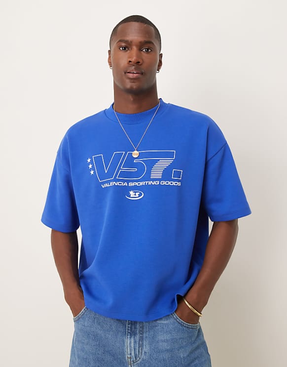 asos ASOS DESIGN super heavyweight boxy oversized t-shirt inblue with sports graphic