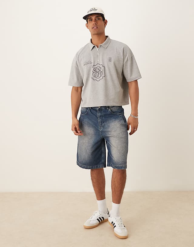 Asos ASOS DESIGN Super Heavyweight Cropped Oversized Polo In Grey Marl With Logo Embroidery