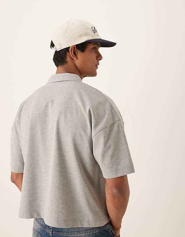 Asos ASOS DESIGN Super Heavyweight Cropped Oversized Polo In Grey Marl With Logo Embroidery