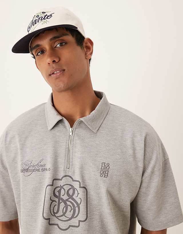 Asos ASOS DESIGN Super Heavyweight Cropped Oversized Polo In Grey Marl With Logo Embroidery
