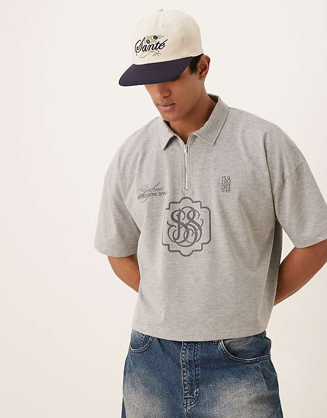 asos ASOS DESIGN super heavyweight cropped oversized polo in grey marl with logo embroidery