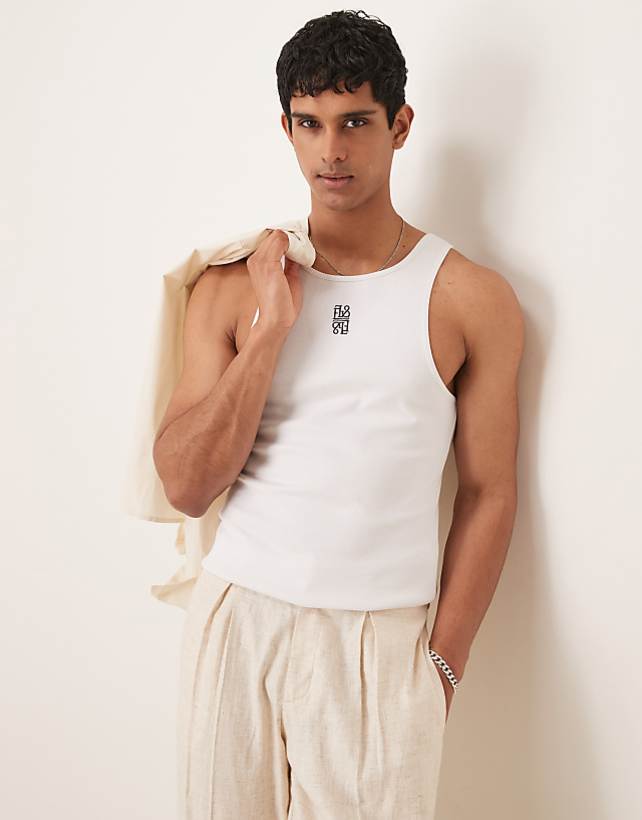 asos ASOS DESIGN super heavyweight muscle fit vest in white with logo embroidery