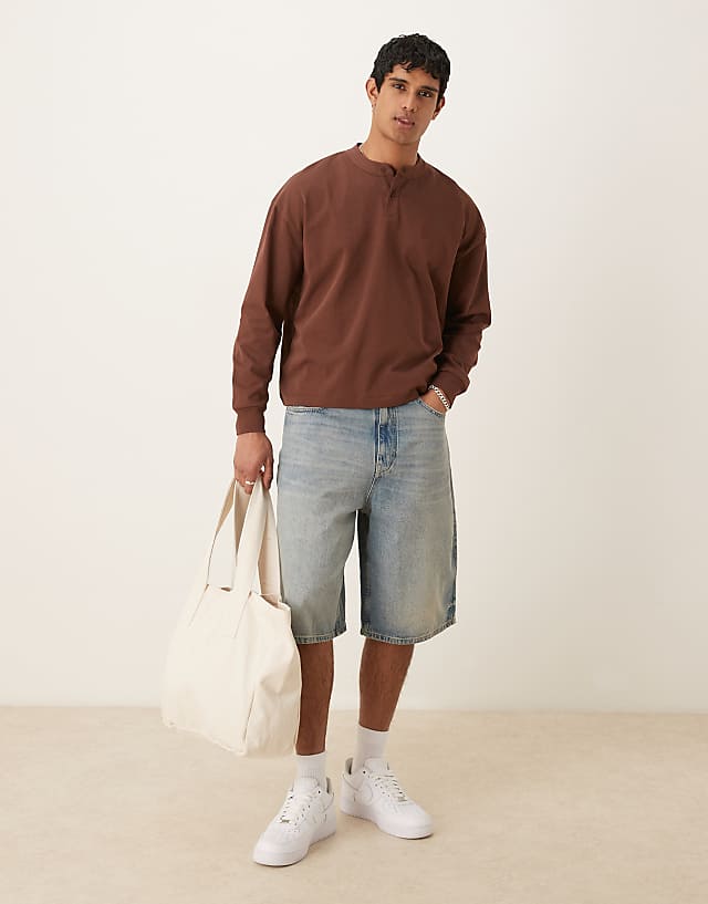 Asos ASOS DESIGN Super Heavyweight Oversized Boxy Henley T-shirt In Brown