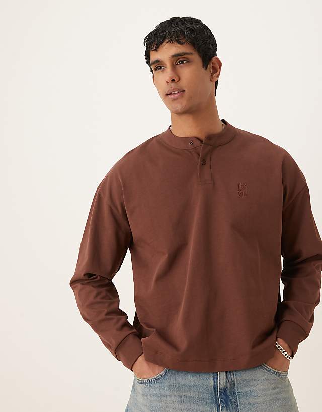 asos ASOS DESIGN super heavyweight oversized boxy henley t-shirt in brown