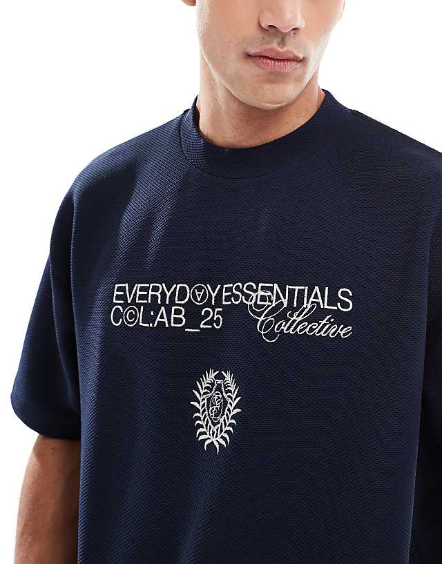 Asos ASOS DESIGN Super Heavyweight Super Heavyweight Boxy Oversized T-shirt With Text Embroidery In Navy Texture