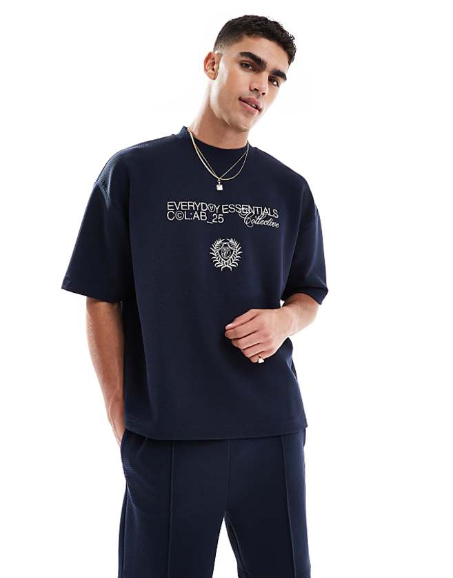 asos ASOS DESIGN super heavyweight super heavyweight boxy oversized t-shirt with text embroidery in navy texture