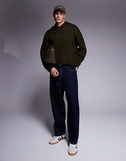 Asos ASOS DESIGN Super Oversized Boxy Fit Knitted V Neck Jumper In Khaki