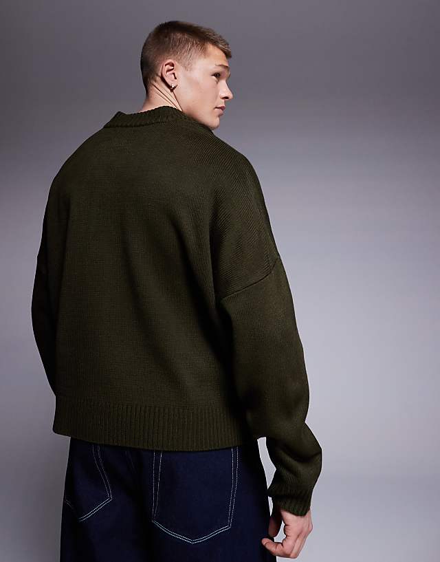 Asos ASOS DESIGN Super Oversized Boxy Fit Knitted V Neck Jumper In Khaki