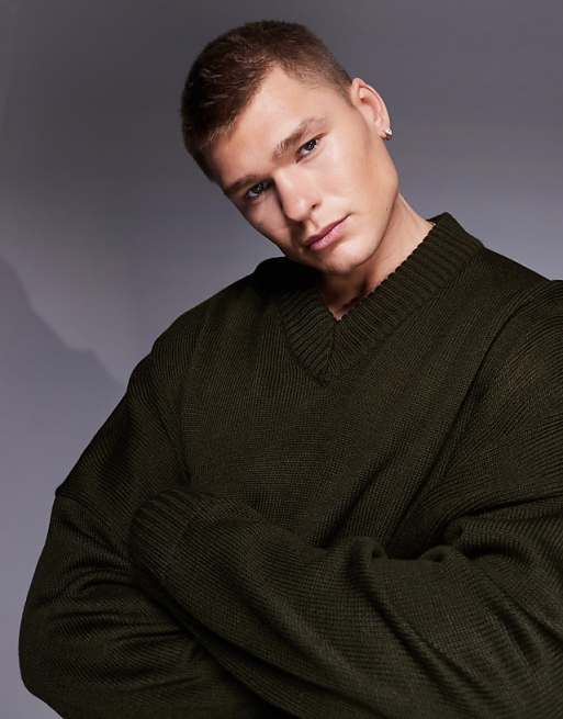 Asos ASOS DESIGN Super Oversized Boxy Fit Knitted V Neck Jumper In Khaki