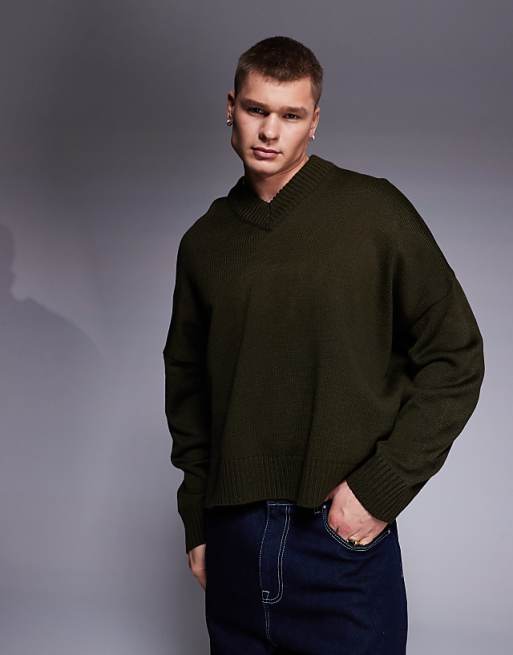 asos ASOS DESIGN super oversized boxy fit knitted v neck jumper in khaki