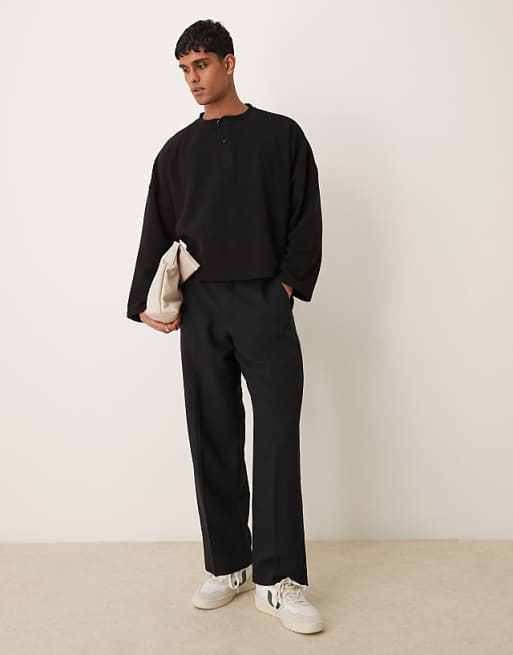 Asos ASOS DESIGN Super Oversized Cropped Heavyweight Rib Henley Jumper In Black