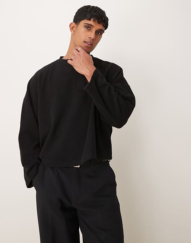 asos ASOS DESIGN super oversized cropped heavyweight rib henley jumper in black