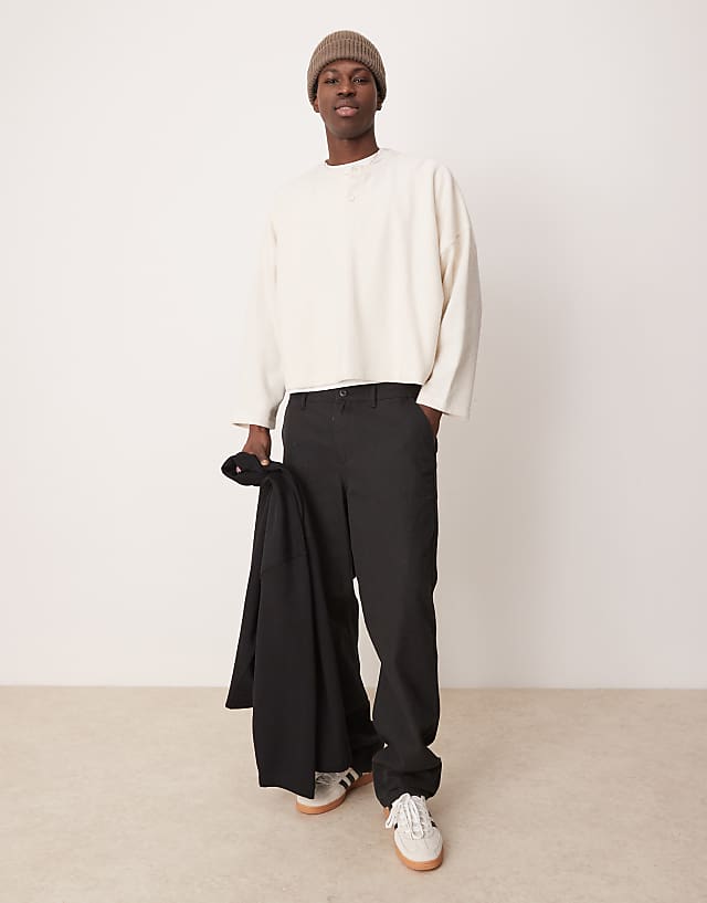 Asos ASOS DESIGN Super Oversized Cropped Long Sleeve T-shirt In Brushed Waffle With Henley Neck In Off White