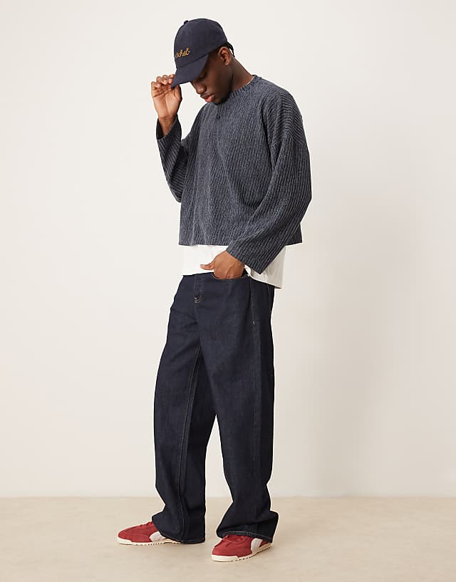 Asos ASOS DESIGN Super Oversized Cropped Long Sleeve T-shirt With Henley Neck In Ribbed Grey Marl