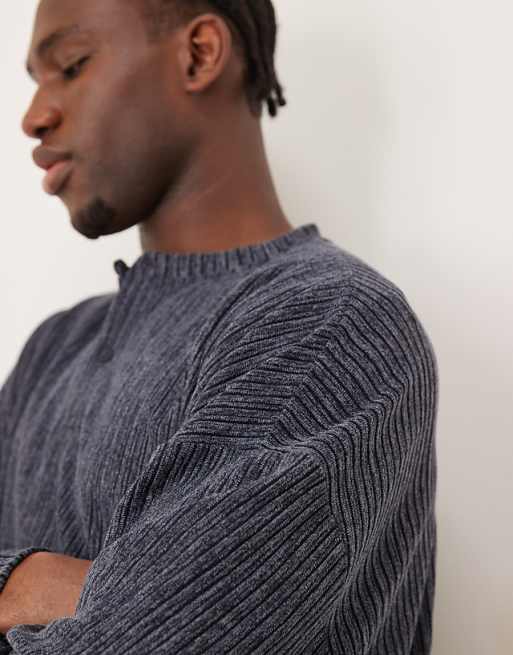 Asos ASOS DESIGN Super Oversized Cropped Long Sleeve T-shirt With Henley Neck In Ribbed Grey Marl