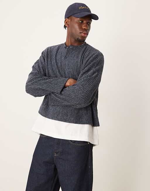 asos ASOS DESIGN super oversized cropped long sleeve t-shirt with henley neck in ribbed grey marl