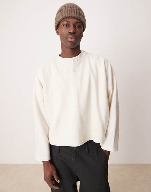 asos ASOS DESIGN super oversized cropped long sleeve t-shirt in brushed waffle with henley neck in off white