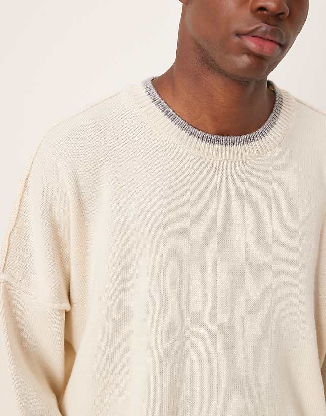 Asos ASOS DESIGN Super Oversized Exposed Seams Knitted Fit Jumper In Beige With Grey Tipping