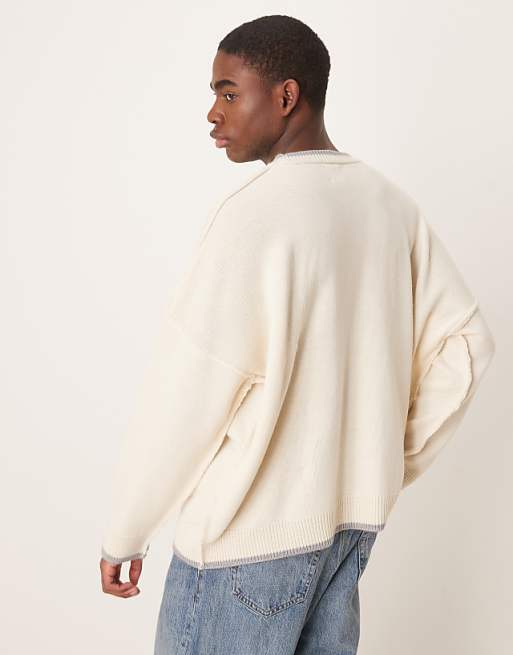 Asos ASOS DESIGN Super Oversized Exposed Seams Knitted Fit Jumper In Beige With Grey Tipping