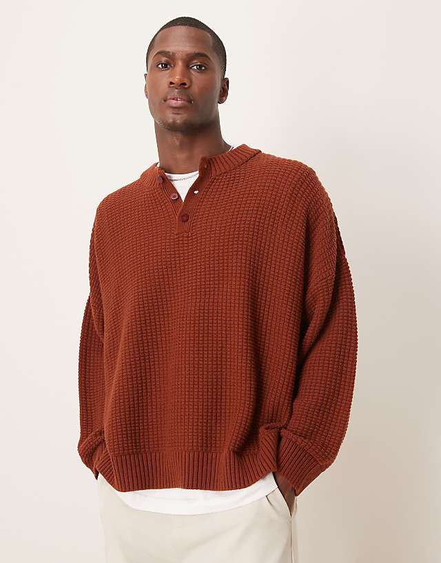 asos ASOS DESIGN super oversized jumper with henley neck in rust