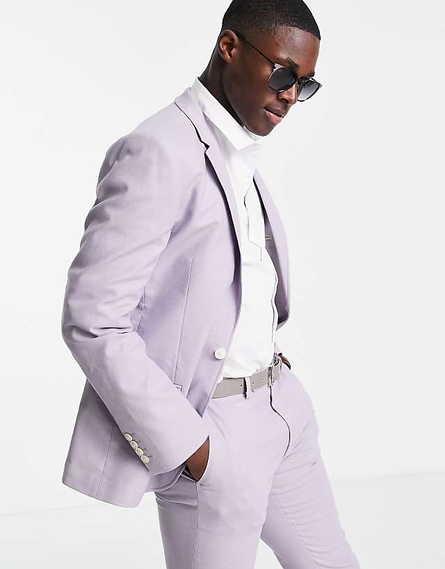 asos ASOS DESIGN super skinny suit jacket in pastel lilac linen mix