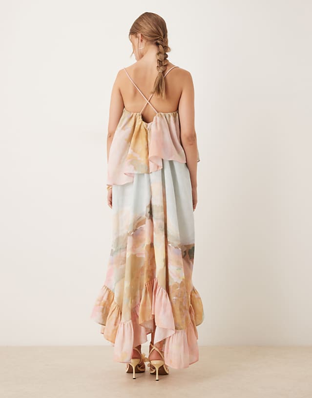 Asos ASOS DESIGN Sweetheart Double Layer Volume Maxi Dress With Pephem In Landscape Floral Print