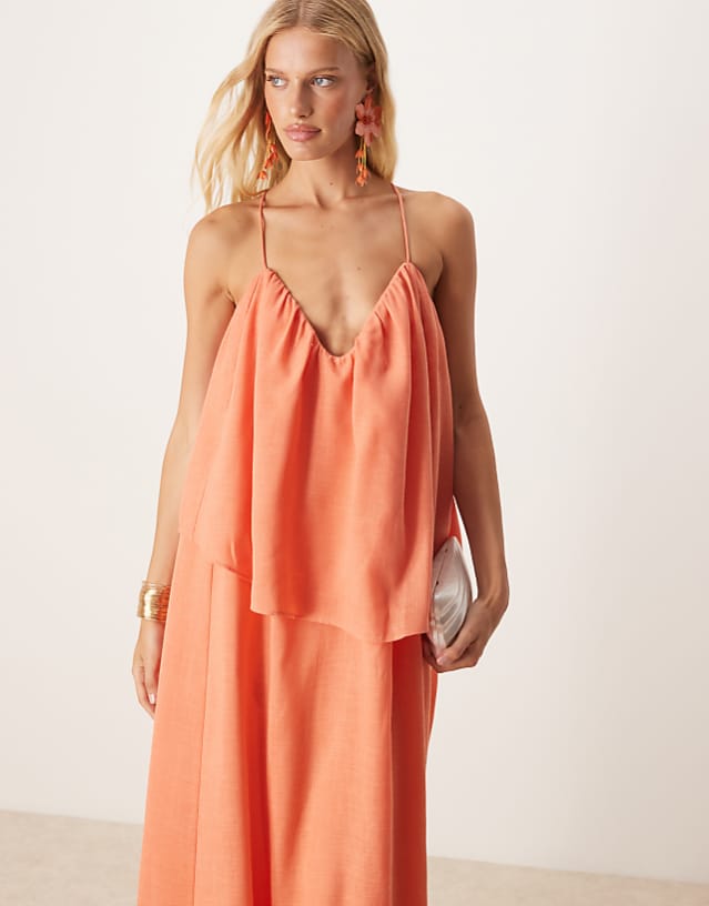 Asos ASOS DESIGN Sweetheart Double Layer Volume Maxi Dress With Pephem In Coral