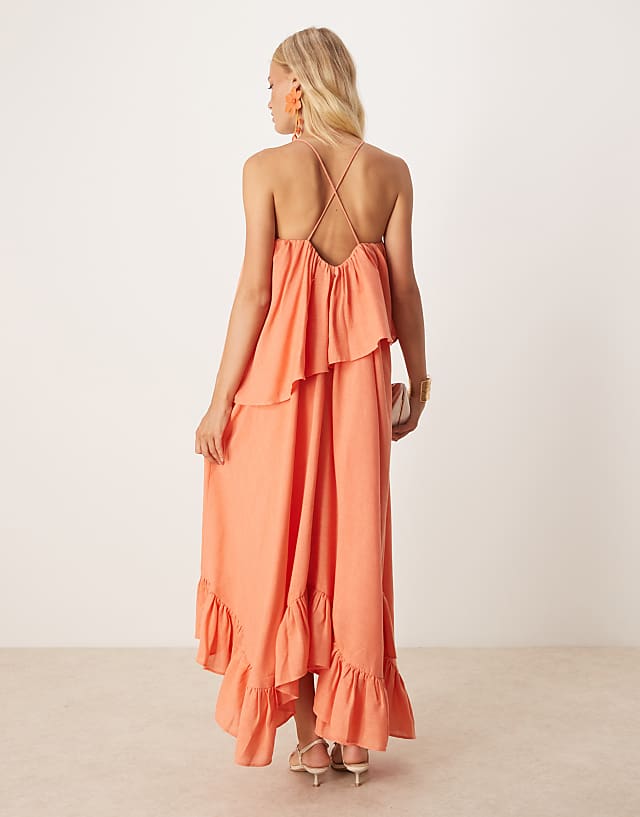 Asos ASOS DESIGN Sweetheart Double Layer Volume Maxi Dress With Pephem In Coral