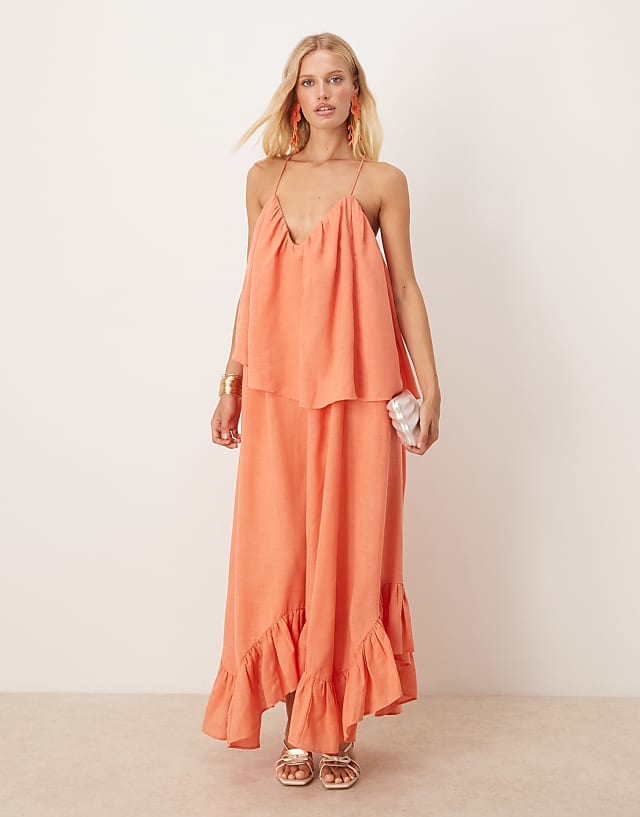 asos ASOS DESIGN sweetheart double layer volume maxi dress with pephem in coral