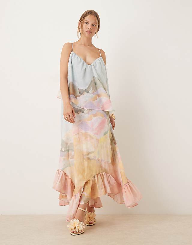 asos ASOS DESIGN sweetheart double layer volume maxi dress with pephem in landscape floral print
