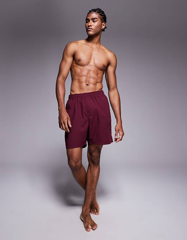 asos ASOS DESIGN swim shorts in long length in burgundy