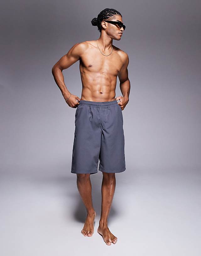 asos ASOS DESIGN swim shorts in long length in charcoal