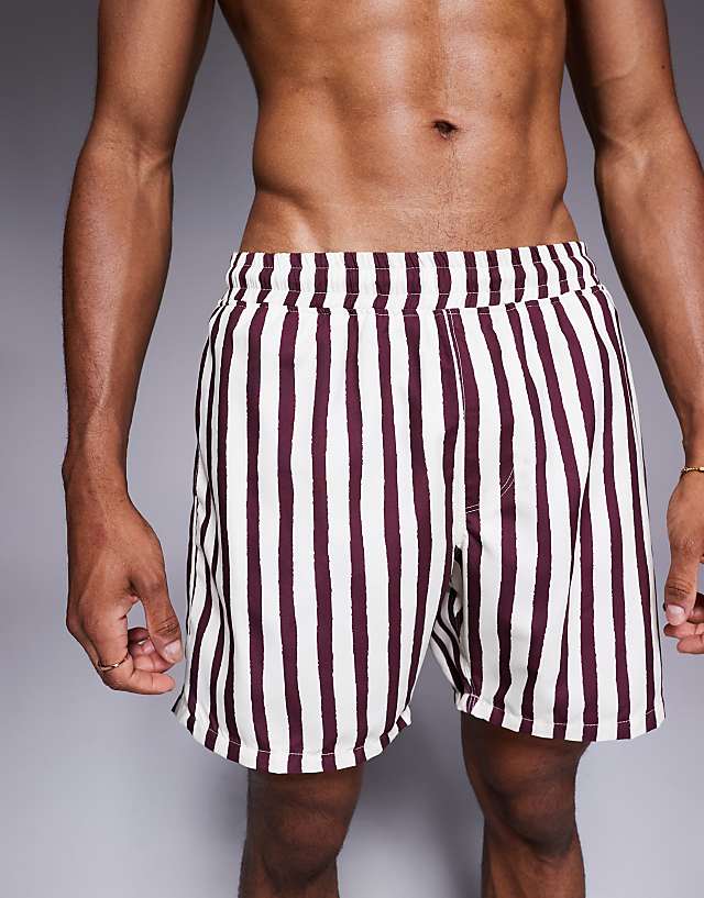 Asos ASOS DESIGN Swim Shorts In Mid Length In Burgundy Stripe