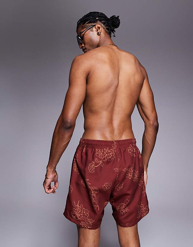 Asos ASOS DESIGN Swim Shorts In Mid Length In Burgundy Floral Print