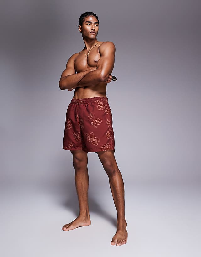 Asos ASOS DESIGN Swim Shorts In Mid Length In Burgundy Floral Print