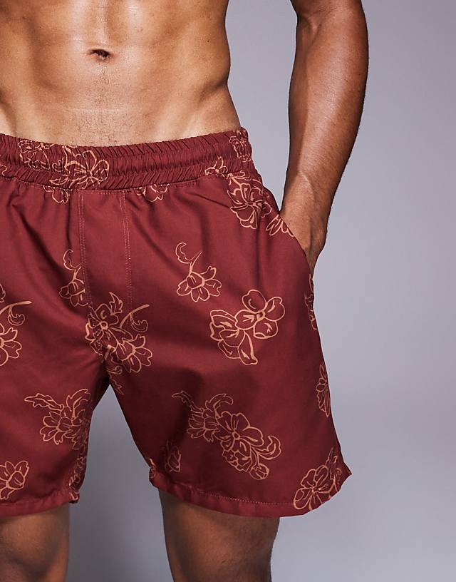 Asos ASOS DESIGN Swim Shorts In Mid Length In Burgundy Floral Print