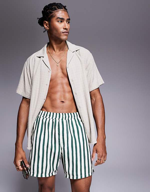 asos ASOS DESIGN swim shorts in mid length in green stripe