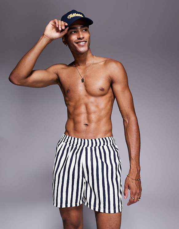 asos ASOS DESIGN swim shorts in mid length in navy stripe